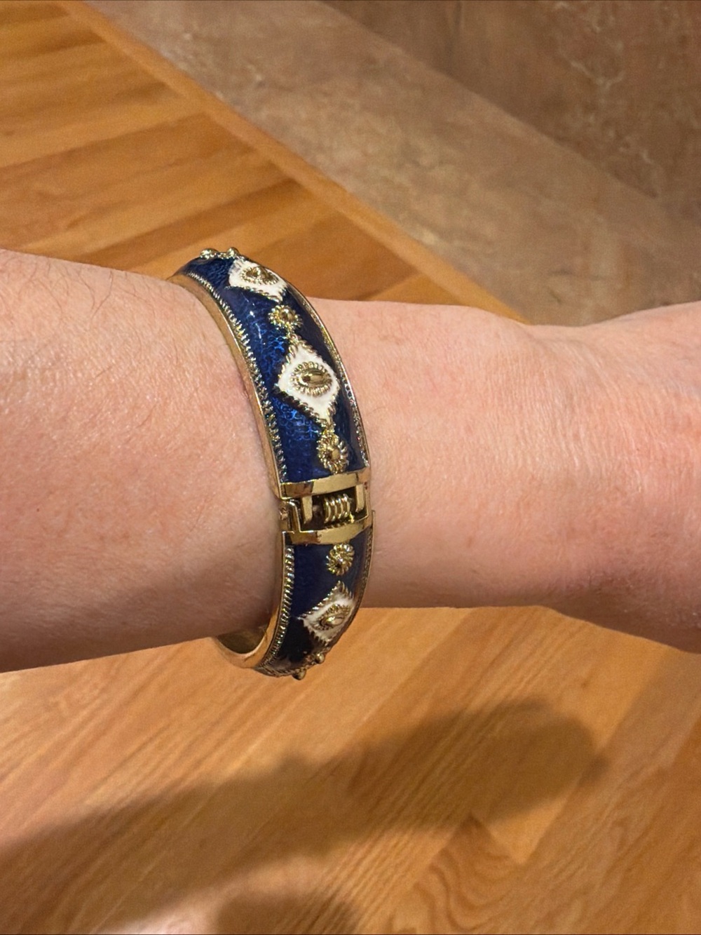 Blue Enamel Gold-Tone Hinged Bangle Bracelet